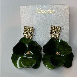 Natasha Couture Dark Green floral Earrings with Gold Detail